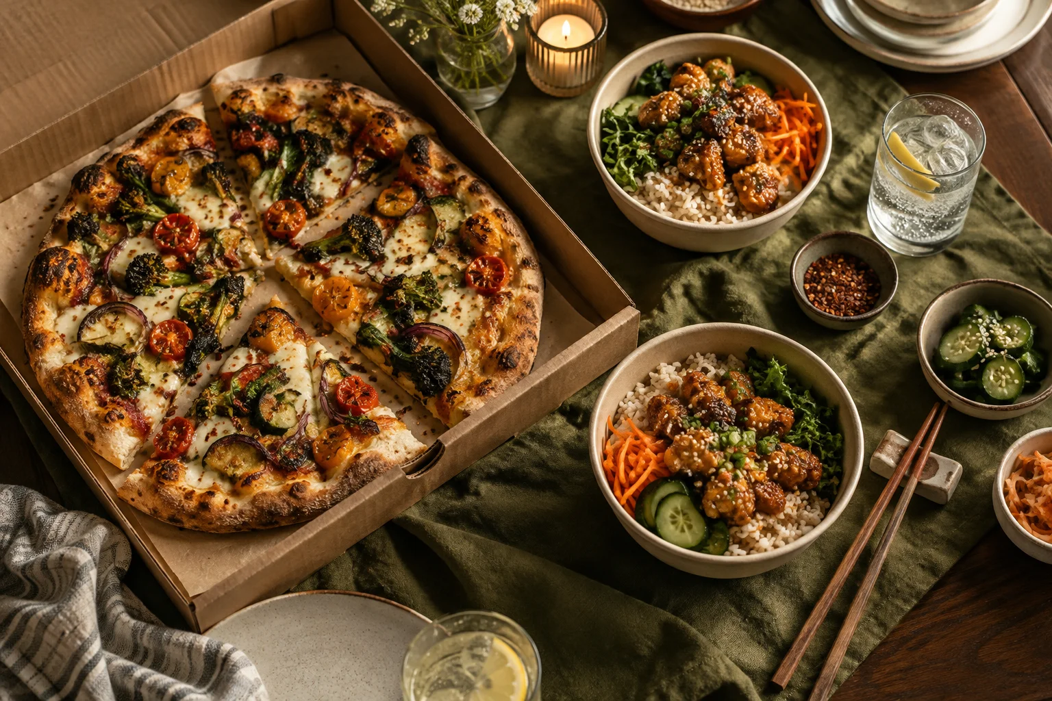 Pizza and takeout bowls arranged on a warm dinner table